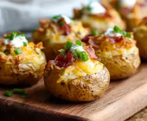 Mini loaded baked potato bites topped with cheese, bacon, and green onions, perfect as party appetizers.