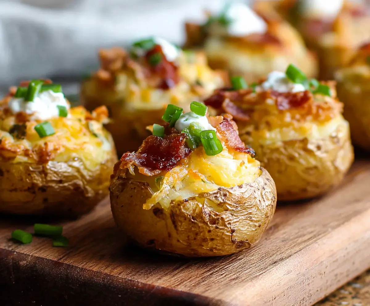 Mini loaded baked potato bites topped with cheese, bacon, and green onions, perfect as party appetizers.