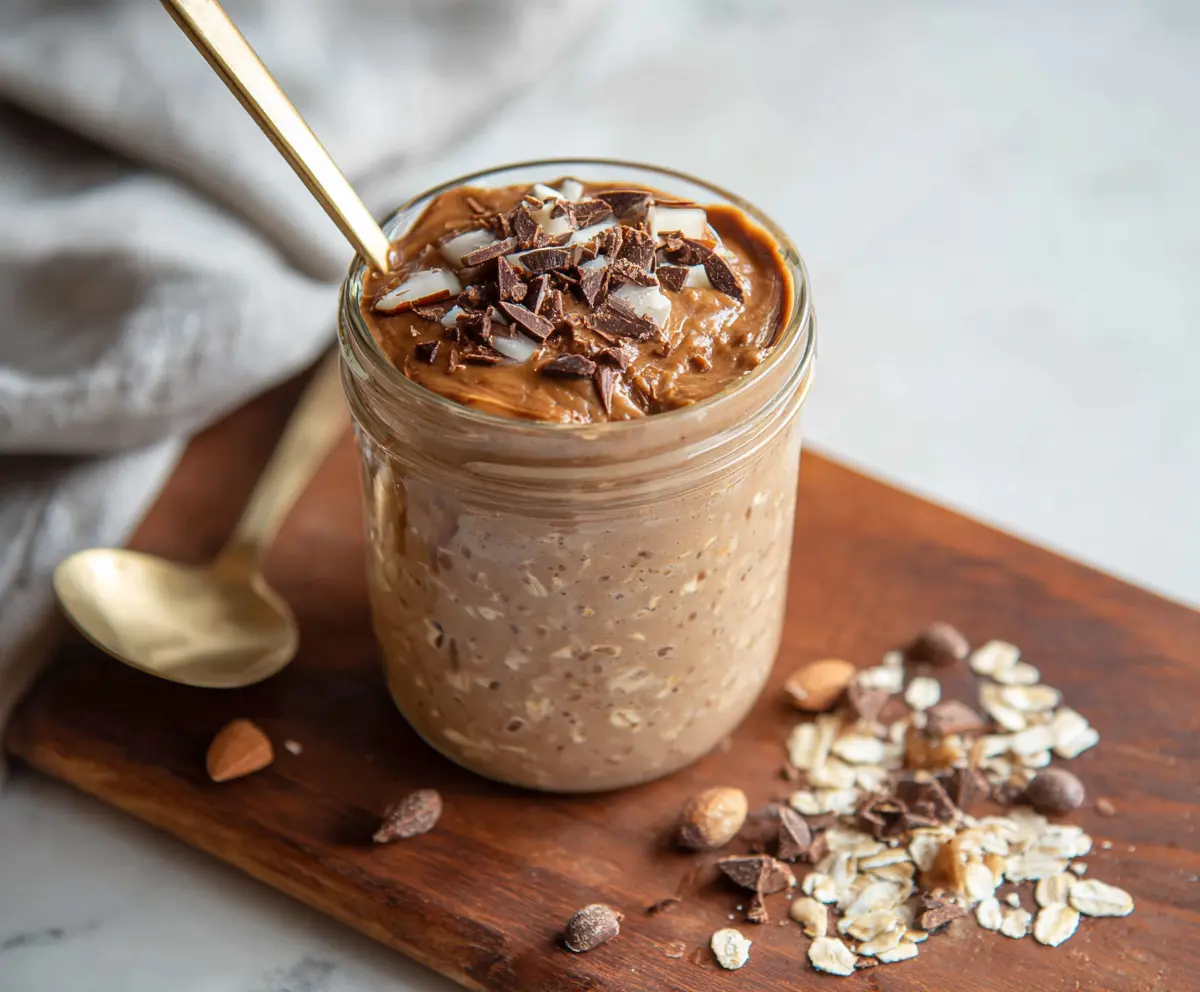 Delicious mocha overnight oats served in a glass jar with coffee and chocolate toppings.