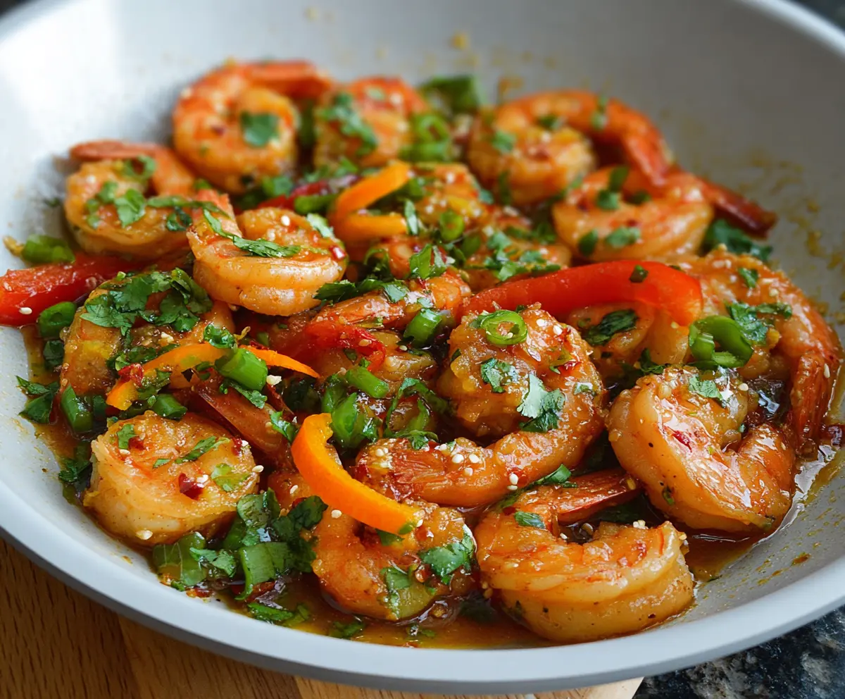 Succulent Orange Chili Garlic Shrimp served on a plate, garnished with fresh herbs for a spicy seafood appetizer.