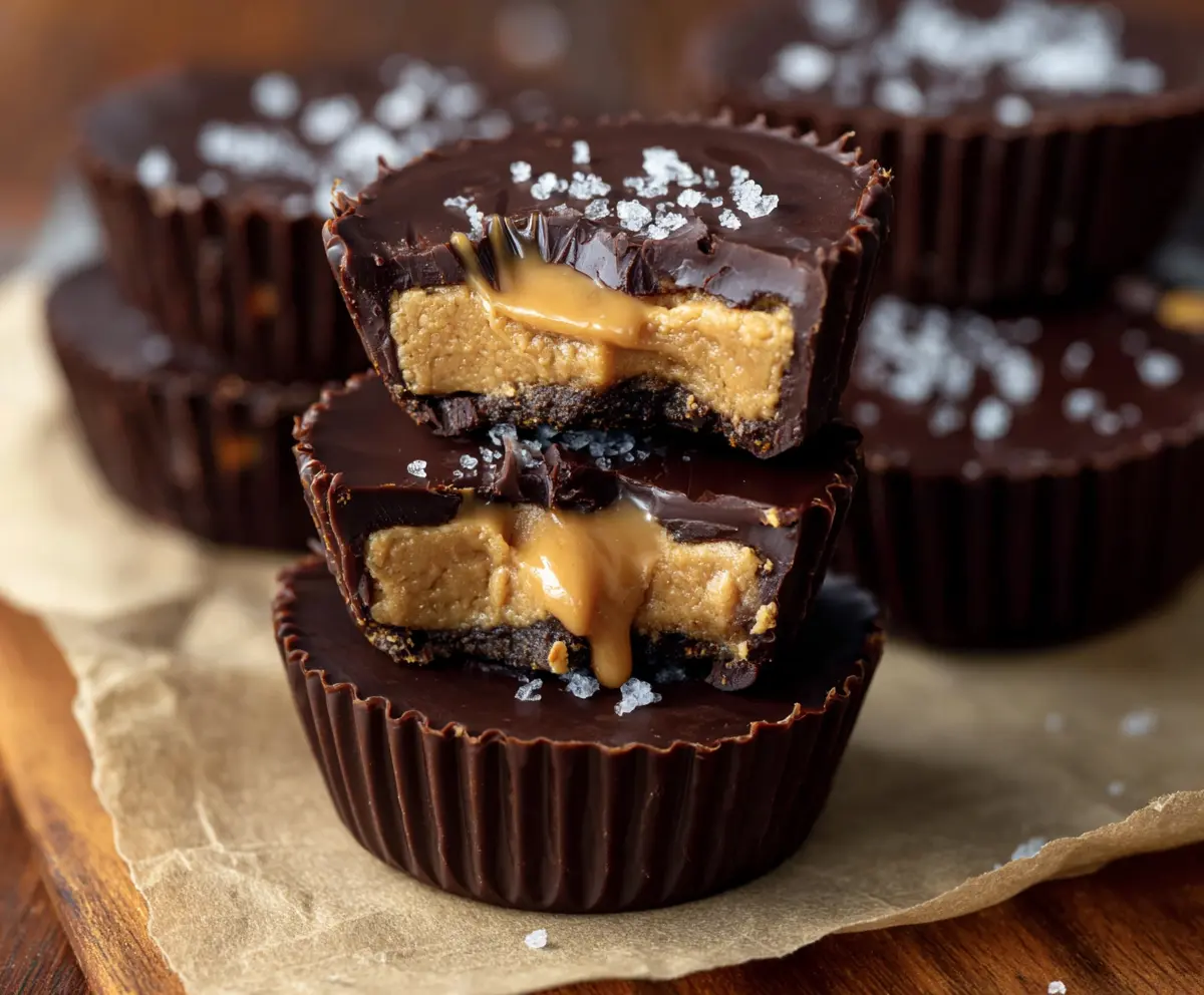 Healthy peanut butter protein cups with chocolate drizzle in a glass jar, perfect for a nutritious snack.