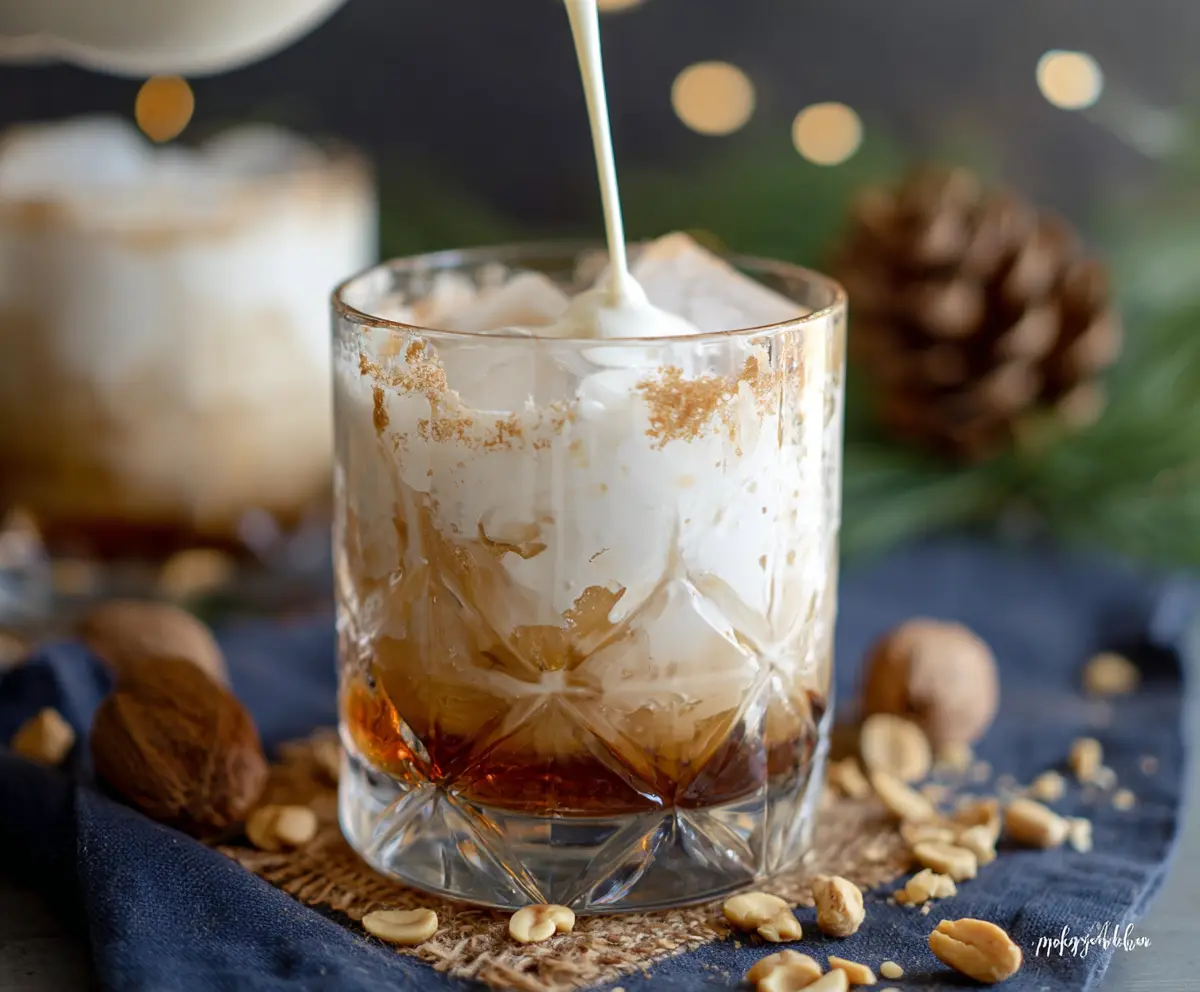 Delicious Peanut Butter White Russian Christmas Cocktail in a festive glass with holiday decorations