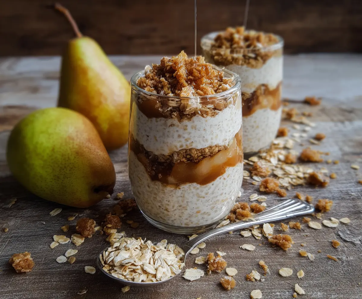 Delicious Pear Crumble Overnight Oats in a glass jar, topped with crumbled pecans and fresh pear slices.