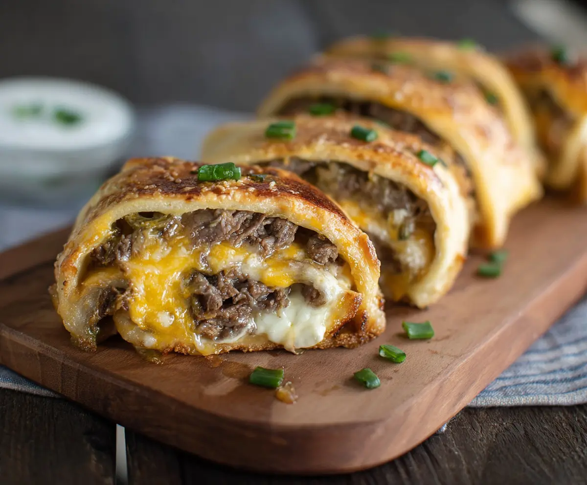 Delicious Philly Cheesesteak Roll Ups with melted cheese and savory steak inside a soft roll.