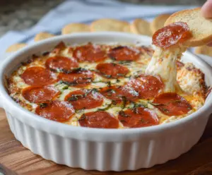 Delicious melted cheese pizza dip served with crispy crackers, perfect for parties.