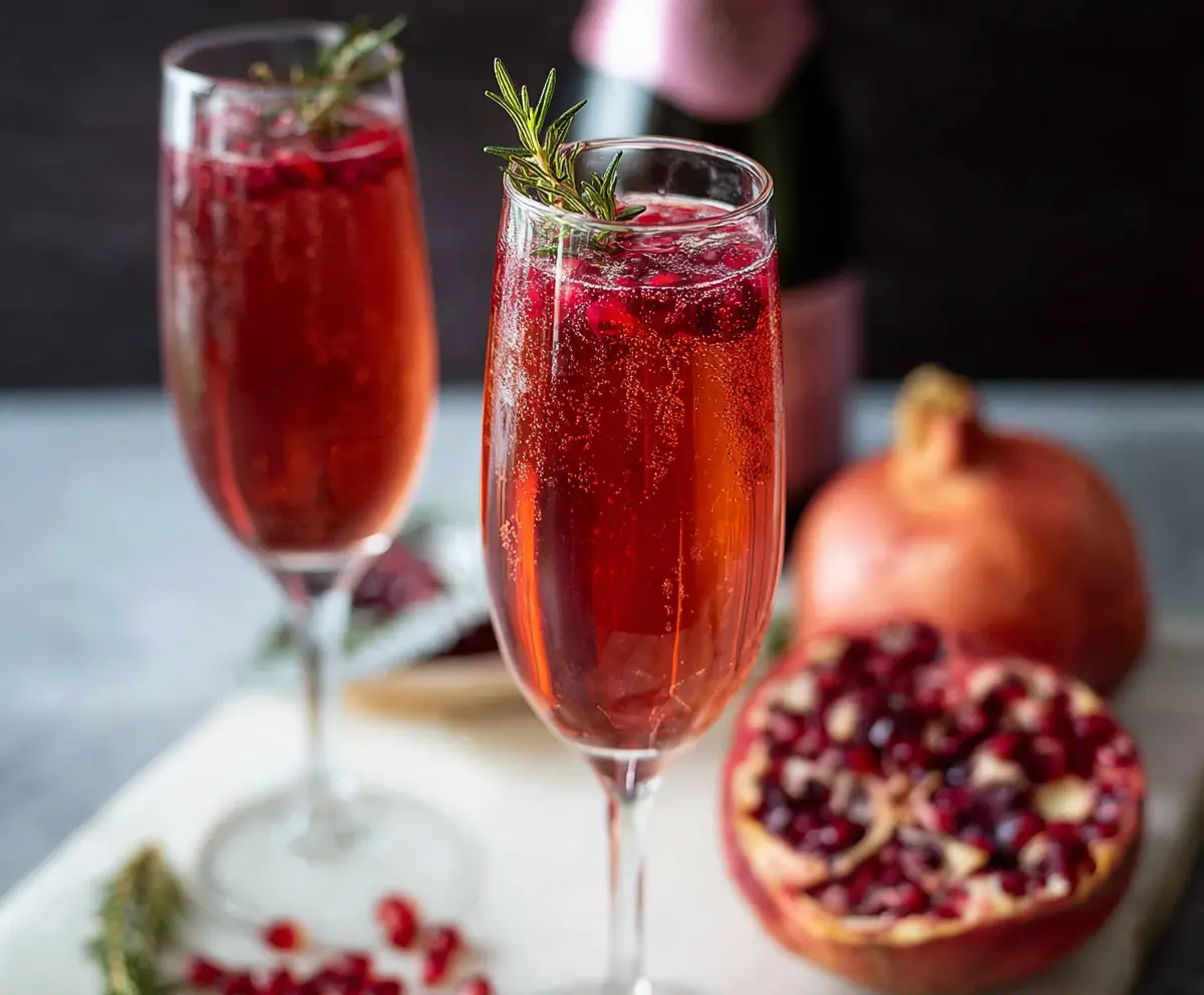 Refreshing pomegranate prosecco cocktail in a glass garnished with pomegranate seeds and a slice of lime