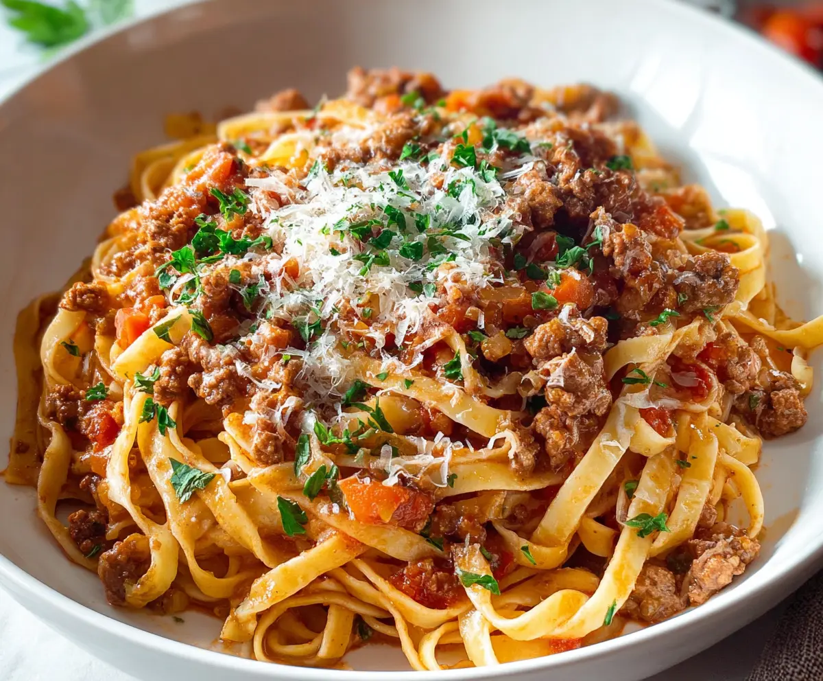 Delicious pork Bolognese pasta served with fresh herbs and grated cheese.