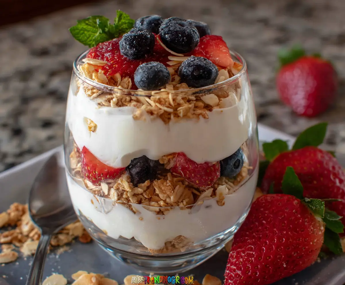 Healthy protein yogurt parfait layered with fresh berries and granola in a glass bowl.