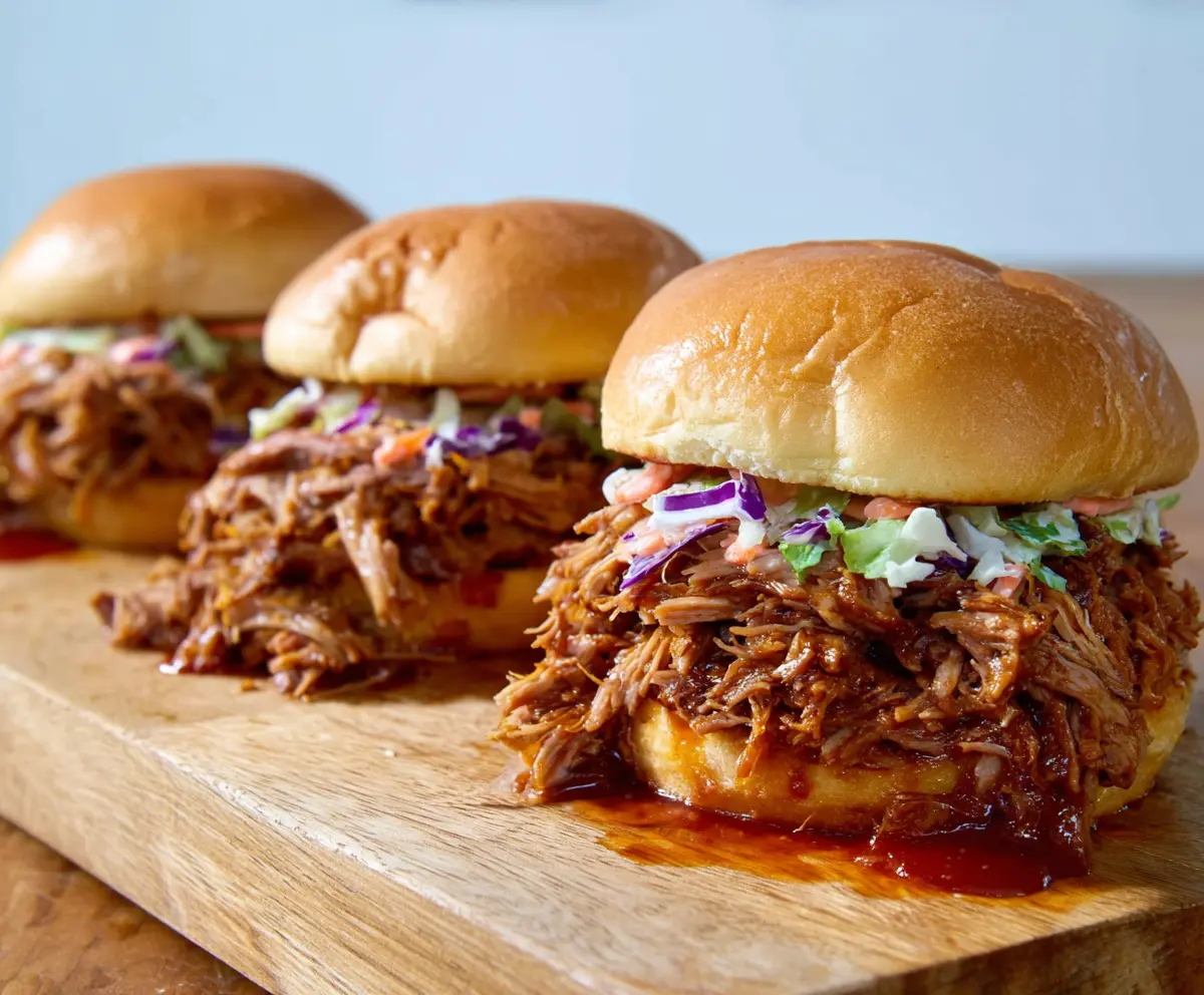 Delicious pulled pork sandwiches topped with barbecue sauce on a bun, perfect for a flavorful meal.