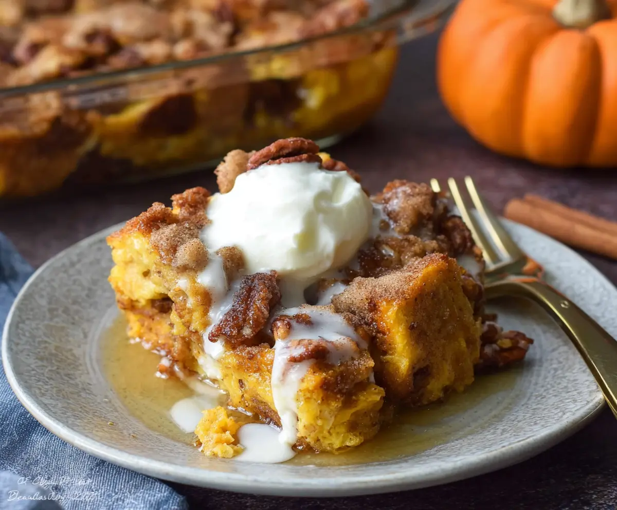Delicious Pumpkin Spice French Toast Casserole topped with whipped cream and cinnamon for a cozy breakfast.