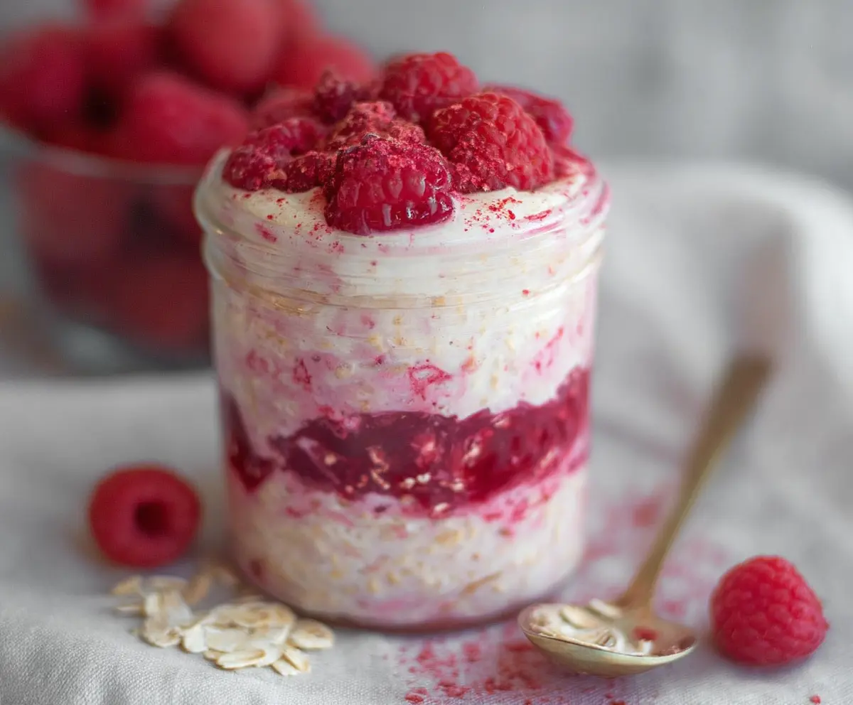 Creamy raspberry cheesecake overnight oats served in a glass jar with fresh raspberries on top.