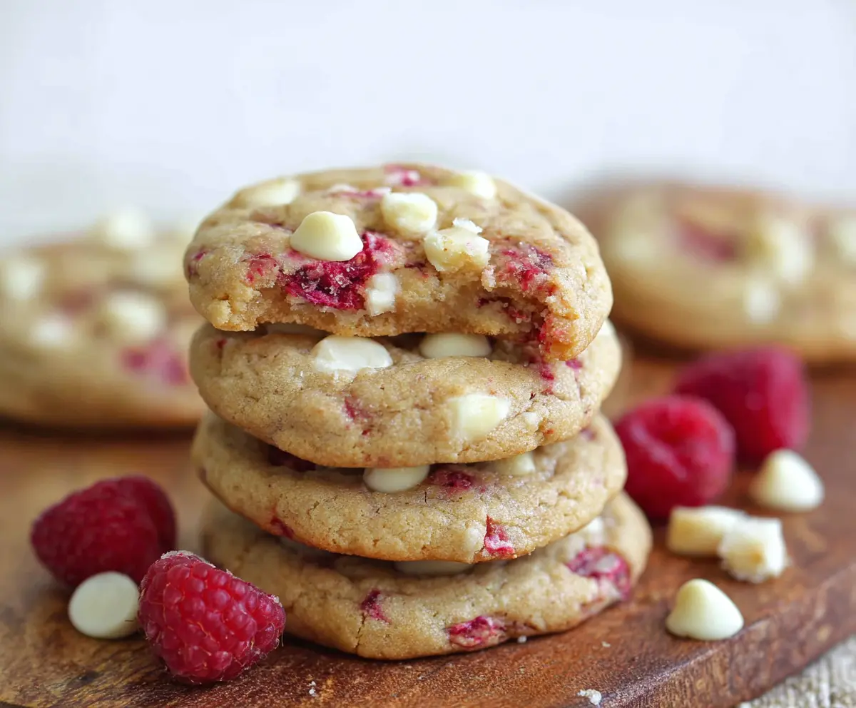 Delicious raspberry white chocolate chip cookies on a baking tray, showcasing fresh red berries and melted white chocolate.