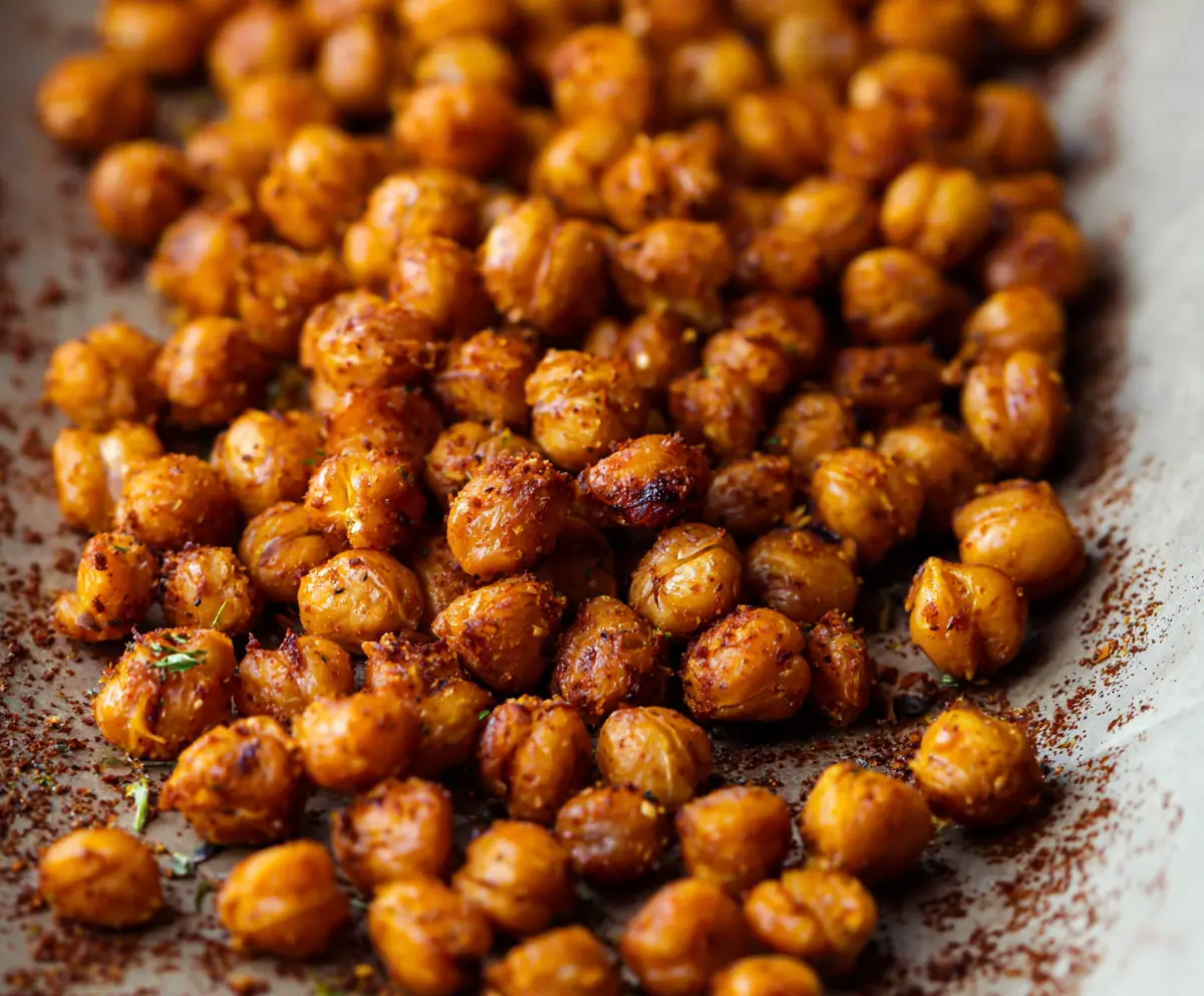 Crispy roasted chickpeas garnished with herbs on a white plate, perfect healthy snack