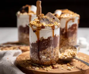 Creamy S'mores Overnight Oats with marshmallows, chocolate chips, and graham crackers in a jar