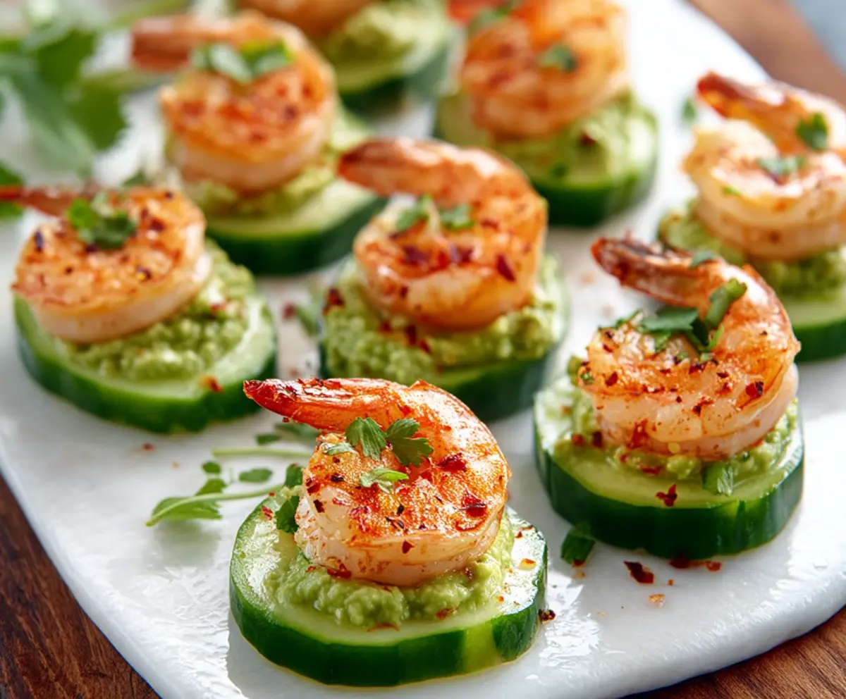 Appetizing shrimp and cucumber bites on a plate, perfect for summer snacks and party appetizers.