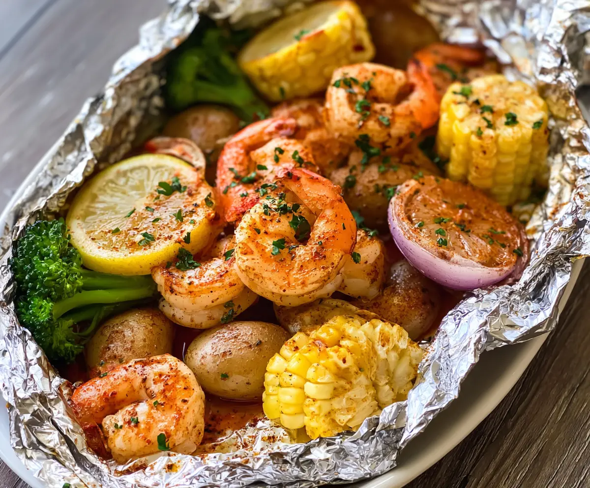 Delicious shrimp foil packet baking in the oven perfect for quick dinner
