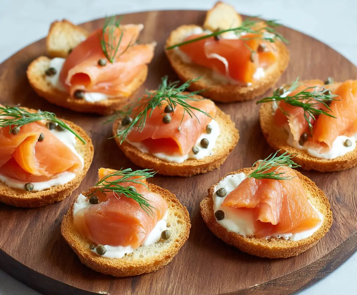 Elegant smoked salmon canapés with fresh herbs and cream cheese on a fancy platter.