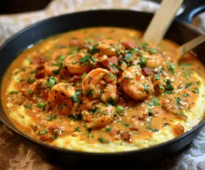 Delicious smothered shrimp served over creamy grits, perfect for Southern comfort food lovers.