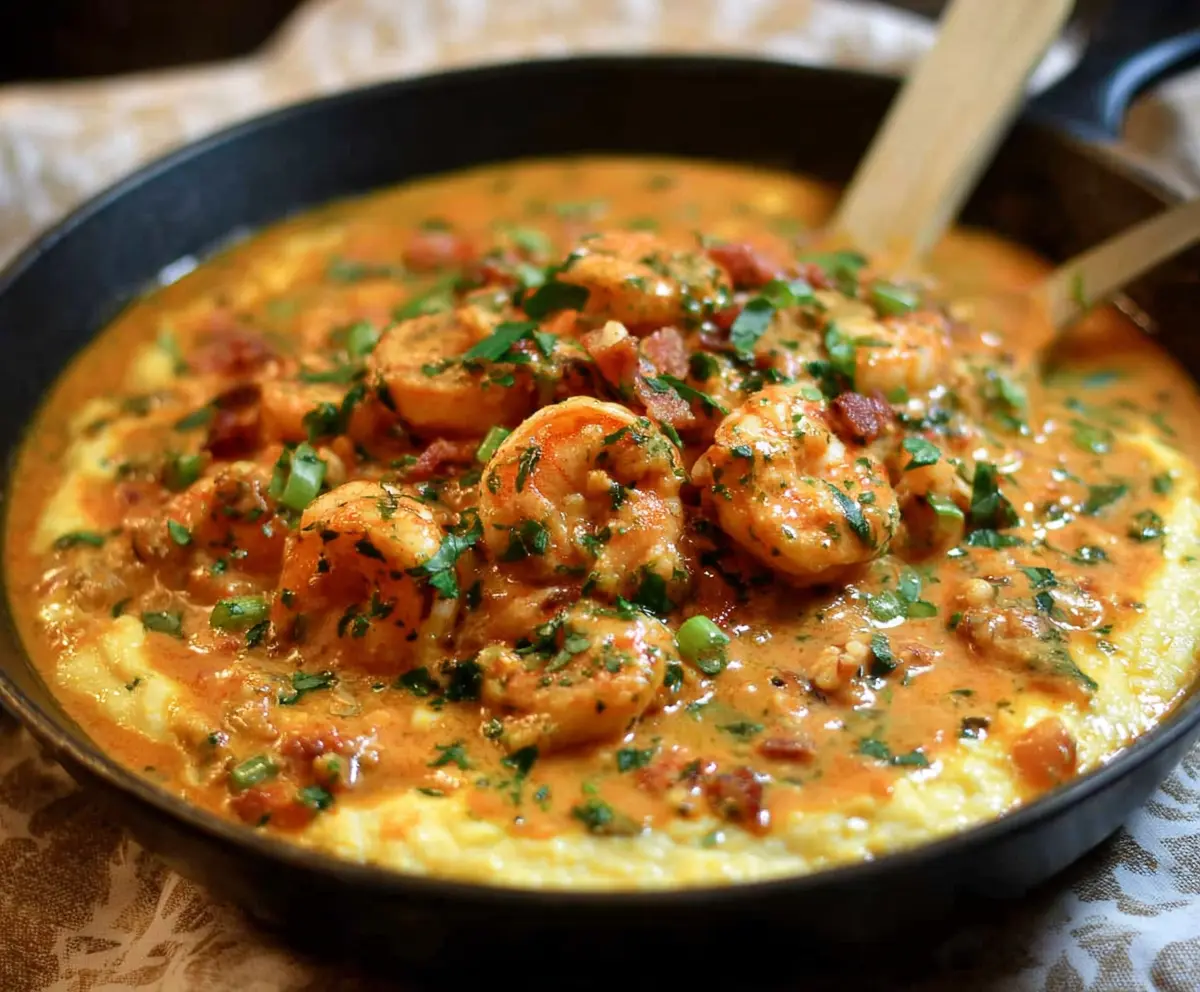 Delicious smothered shrimp served over creamy grits, perfect for Southern comfort food lovers.