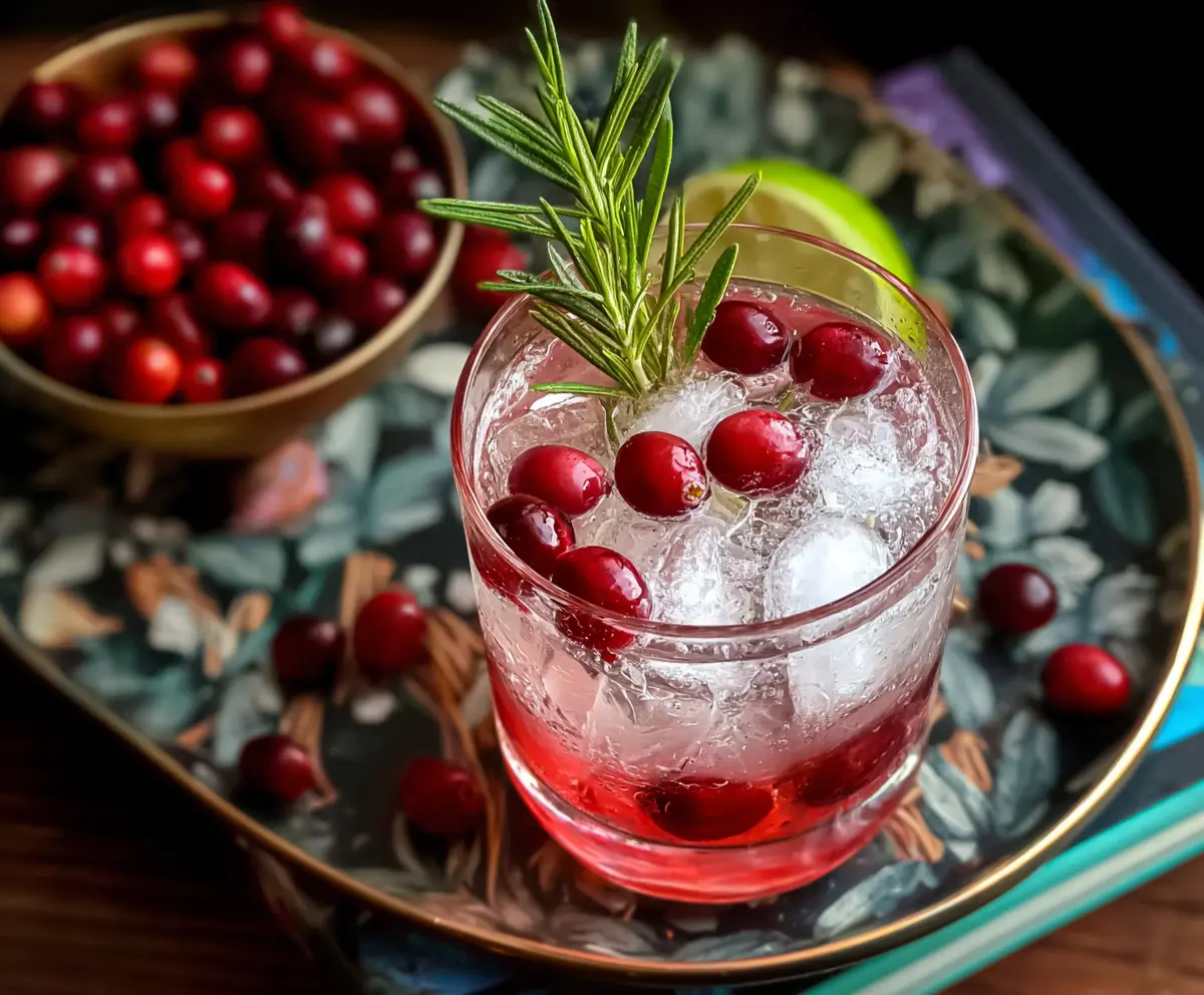 A refreshing Spiced Cranberry Gin And Tonic in a glass garnished with cranberries and a slice of lime.