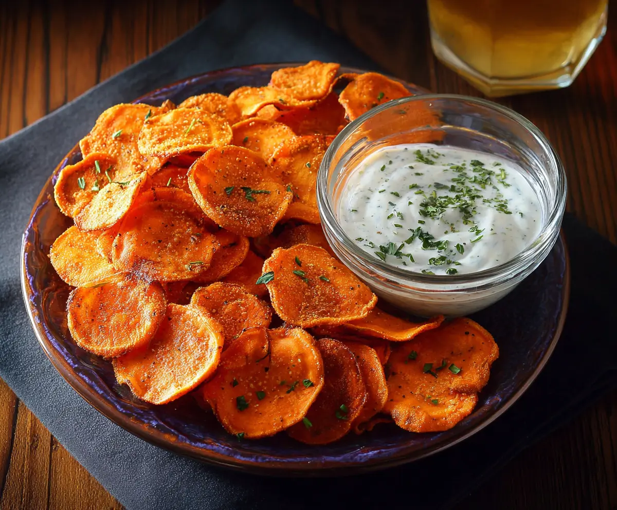 Crispy spicy sweet potato chips on a white plate garnished with herbs