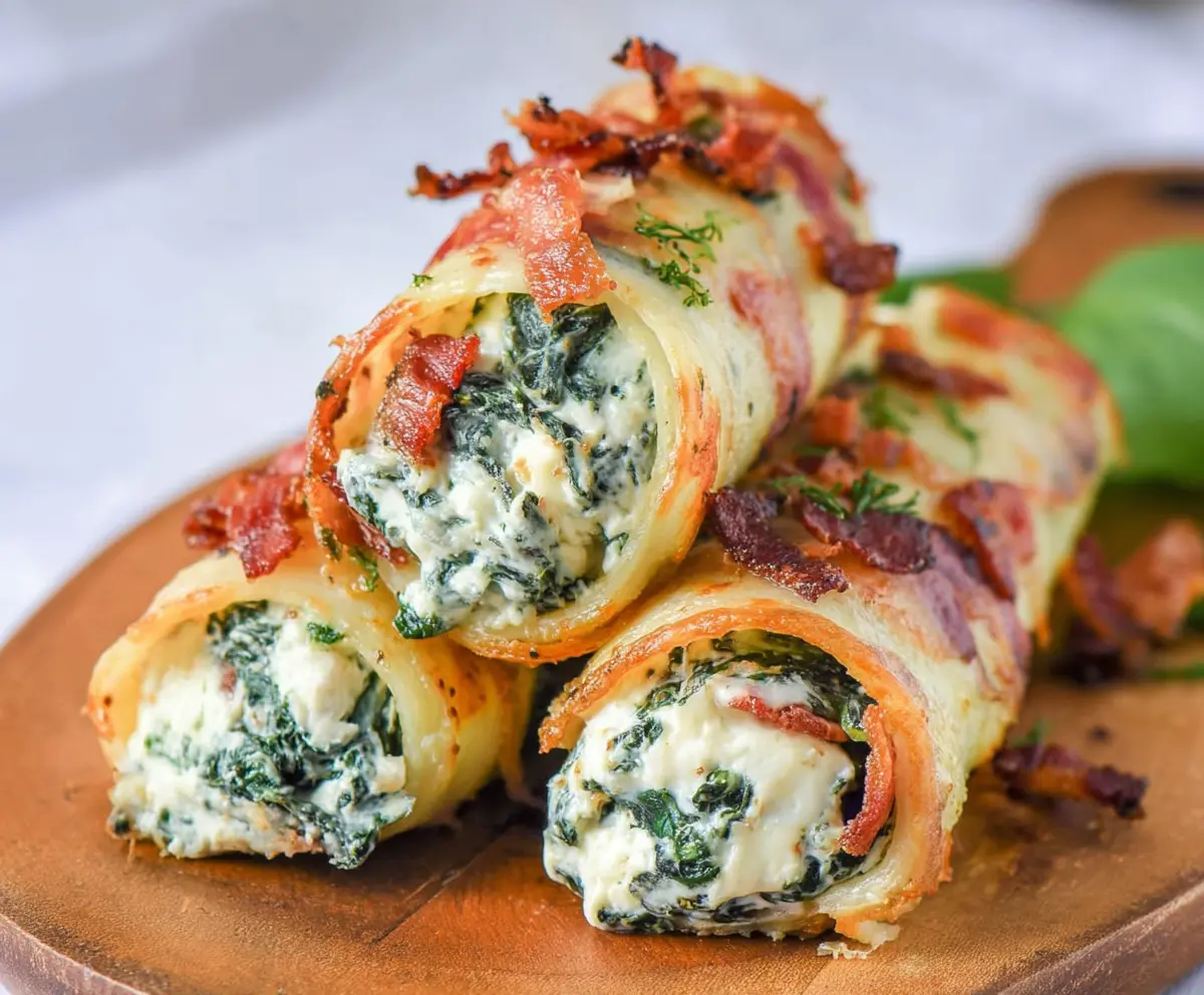 Delicious spinach and bacon cream cheese roll ups on a serving platter, perfect appetizer for parties.