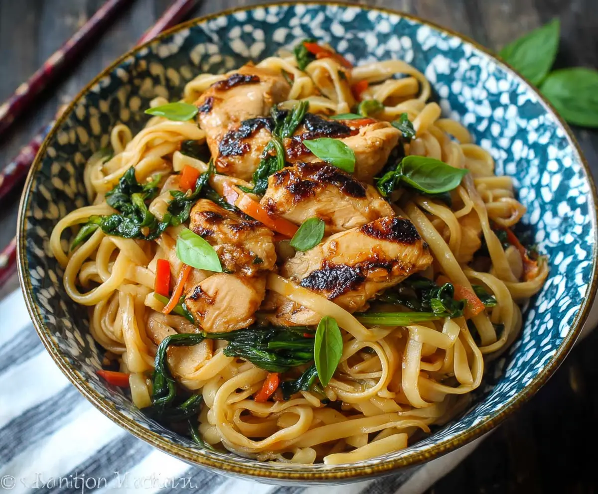 Delicious Thai basil chicken noodles served in a bowl, garnished with fresh herbs and vegetables.