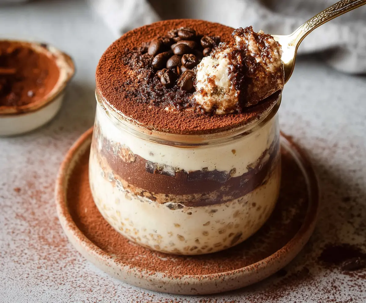 Delicious Tiramisu Overnight Oats with coffee, mascarpone, and cocoa powder in a jar