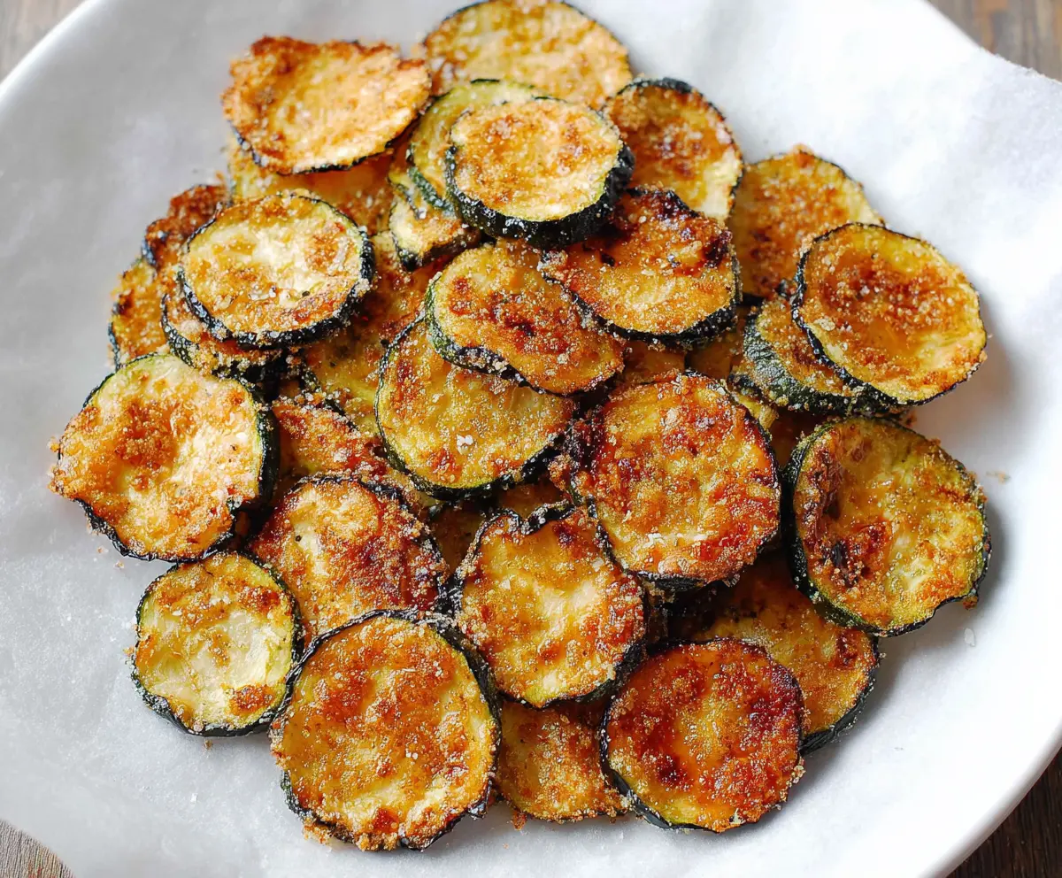 Crispy baked zucchini chips seasoned with herbs, perfect for a healthy snack.