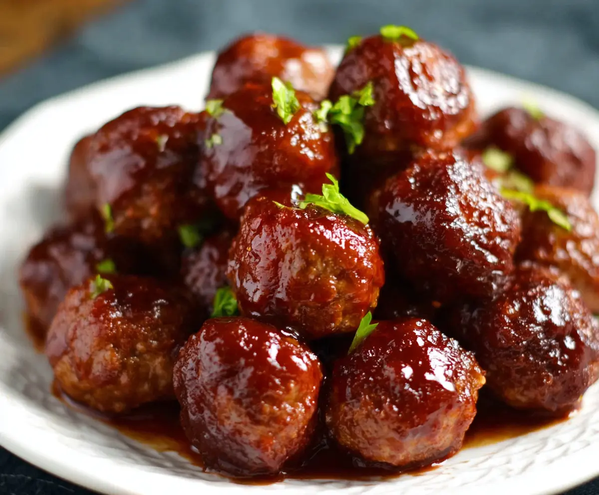 Delicious homemade BBQ meatballs cooked in a crockpot with three simple ingredients.