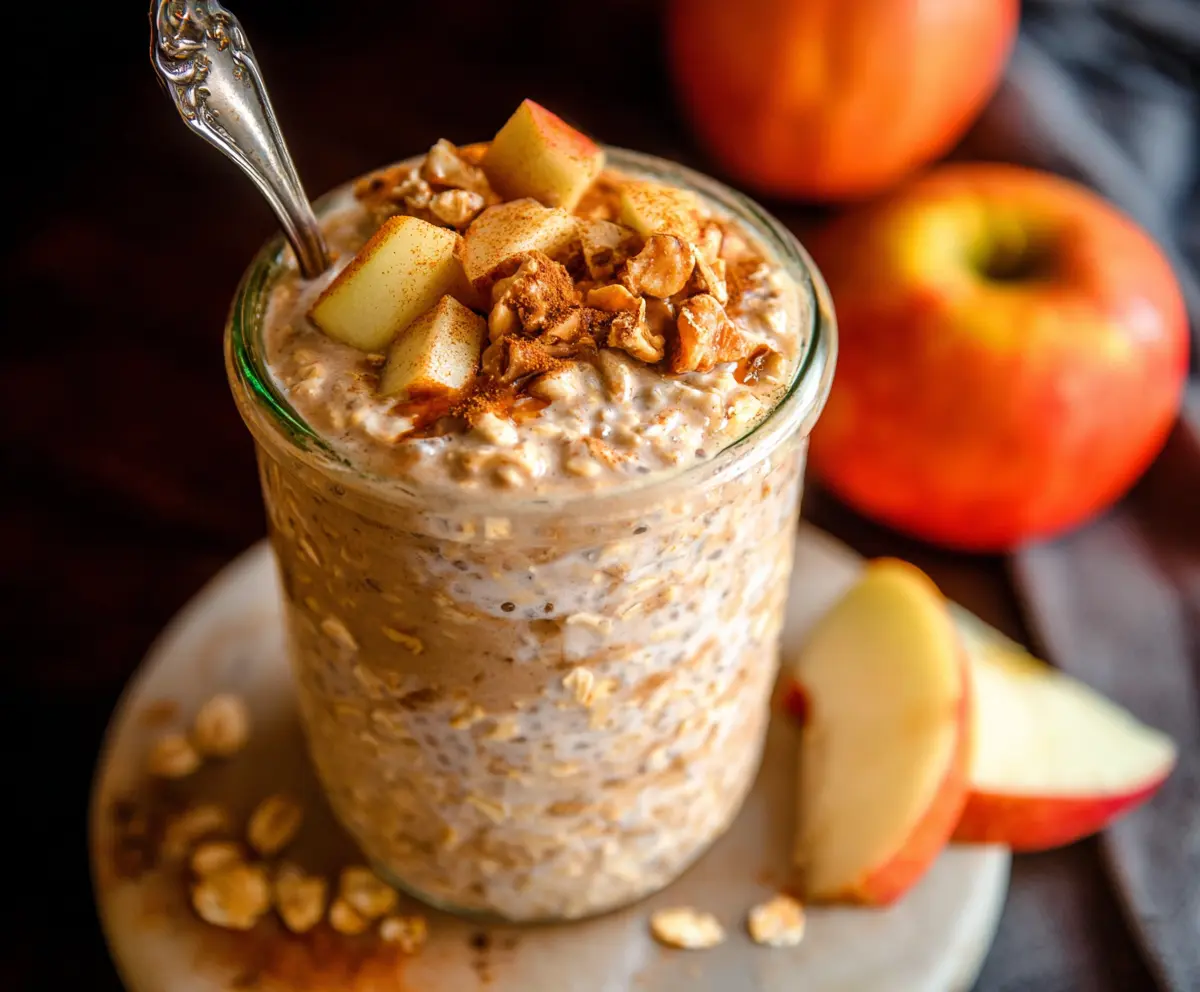 Healthy Apple Cinnamon Protein Overnight Oats in a glass jar with fresh apple slices and cinnamon on top, perfect for breakfast.