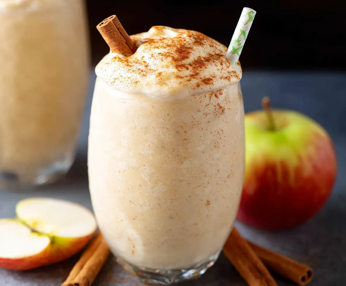 Creamy apple pie smoothie topped with cinnamon and whipped cream, served in a glass
