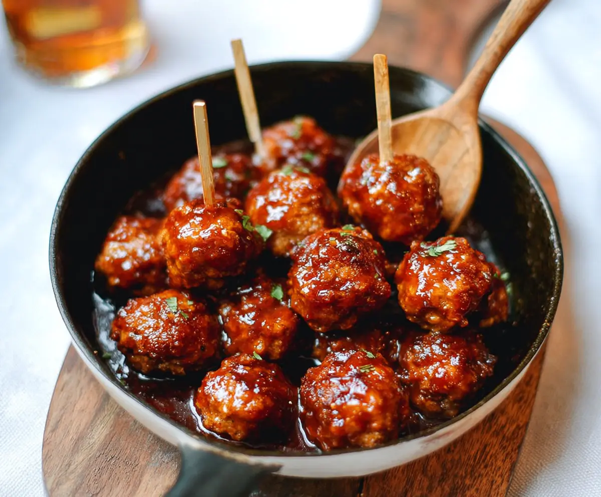 Delicious apricot BBQ cocktail meatballs served on a plate, perfect for parties and gatherings.