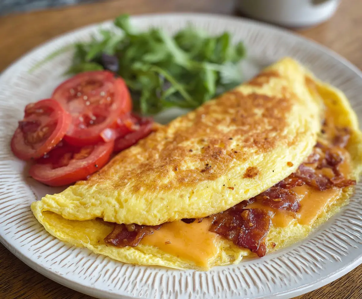 Delicious bacon, egg, and cheese omelet on a breakfast plate