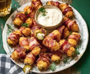 Bacon-wrapped pickle poppers with melted cheese on a serving platter