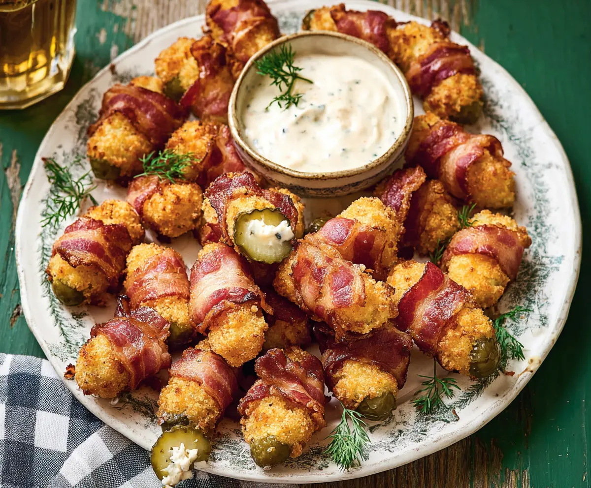 Bacon-wrapped pickle poppers with melted cheese on a serving platter