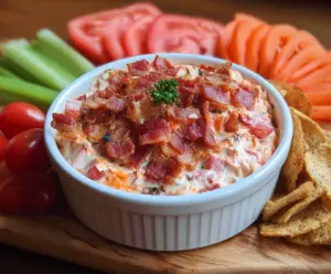 Creamy bacon and tomato dip served with fresh vegetables for a delicious appetizer.
