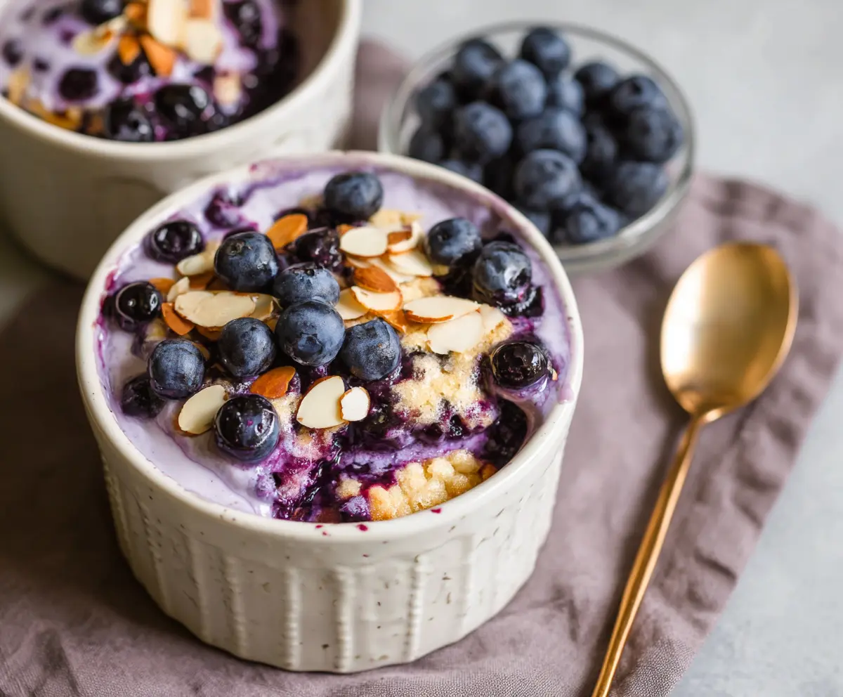 Healthy baked blueberry cottage cheese breakfast bowls topped with fresh blueberries and honey.