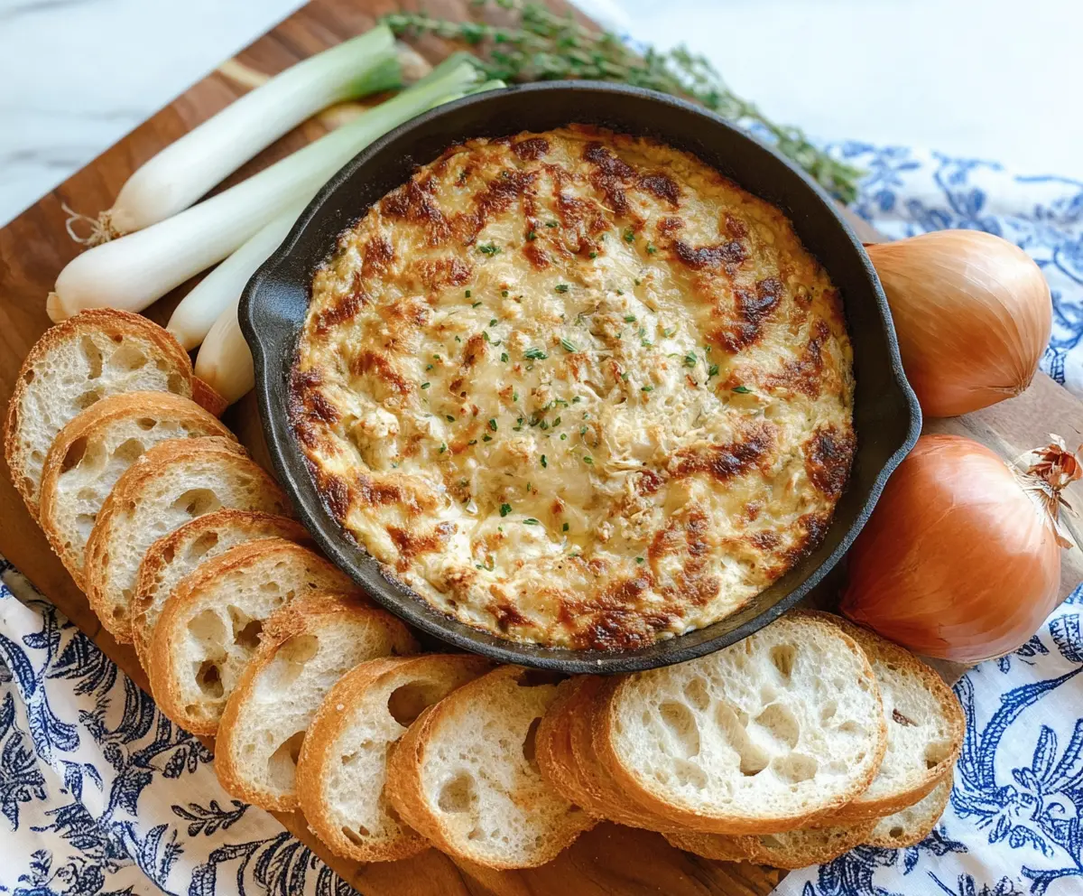 Delicious baked French onion dip with melted cheese and caramelized onions served in a wide bowl.