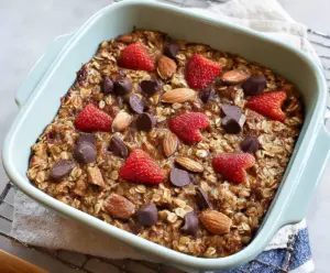 Healthy baked protein oatmeal in a baking dish with fresh berries and nuts