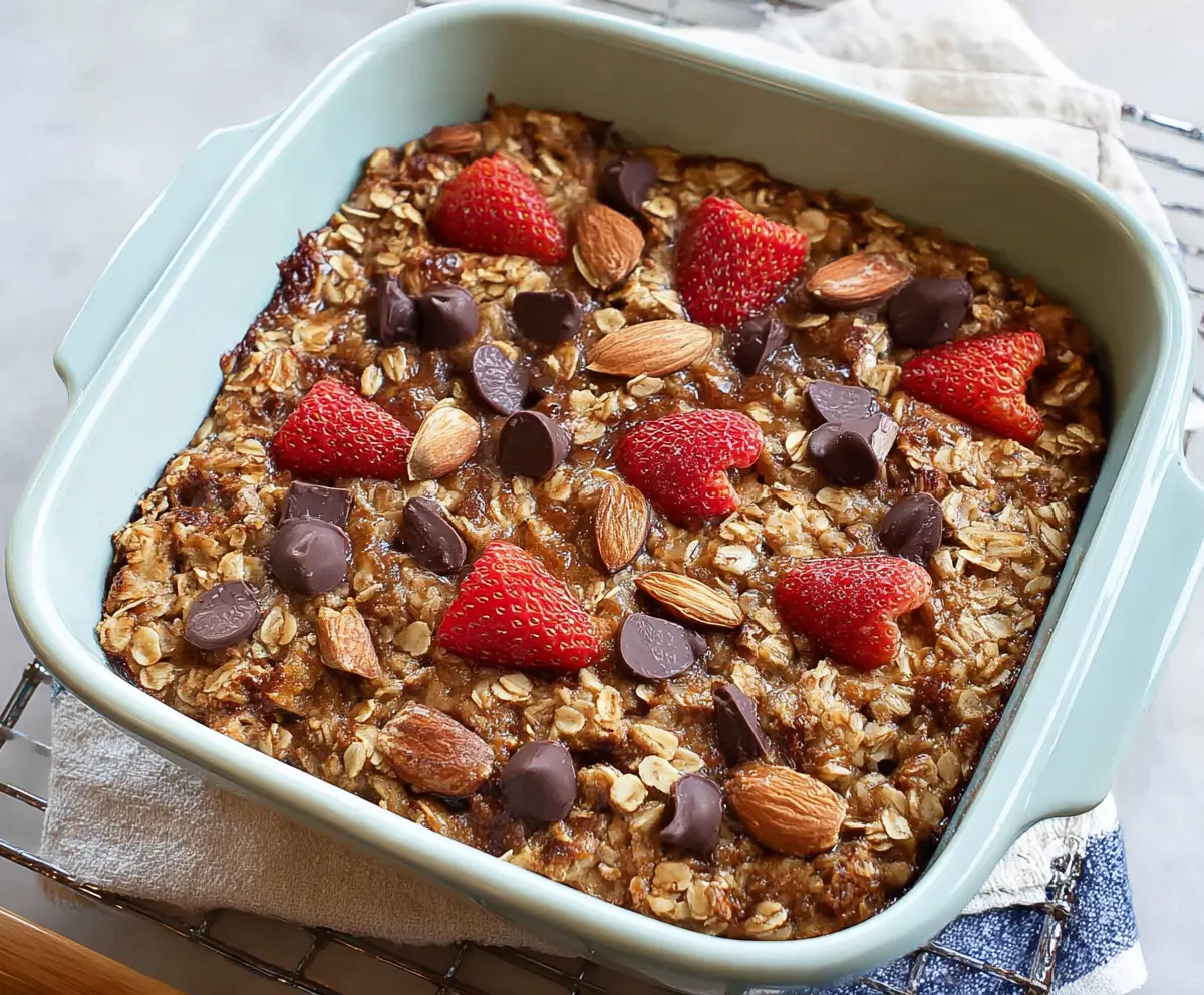 Healthy baked protein oatmeal in a baking dish with fresh berries and nuts