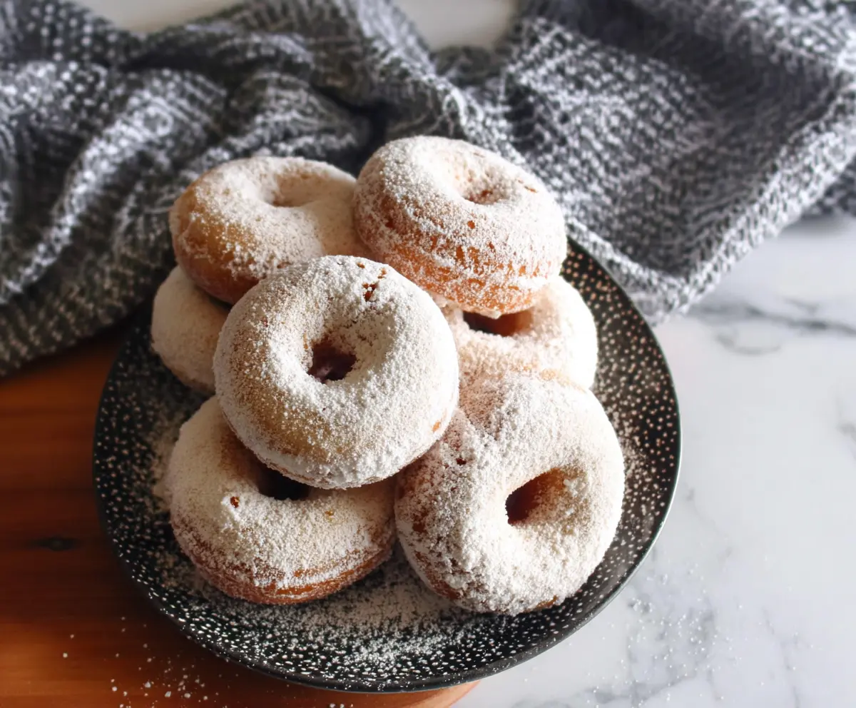 Delicious baked sourdough discard donuts dusted with powdered sugar, perfect for a sweet treat.
