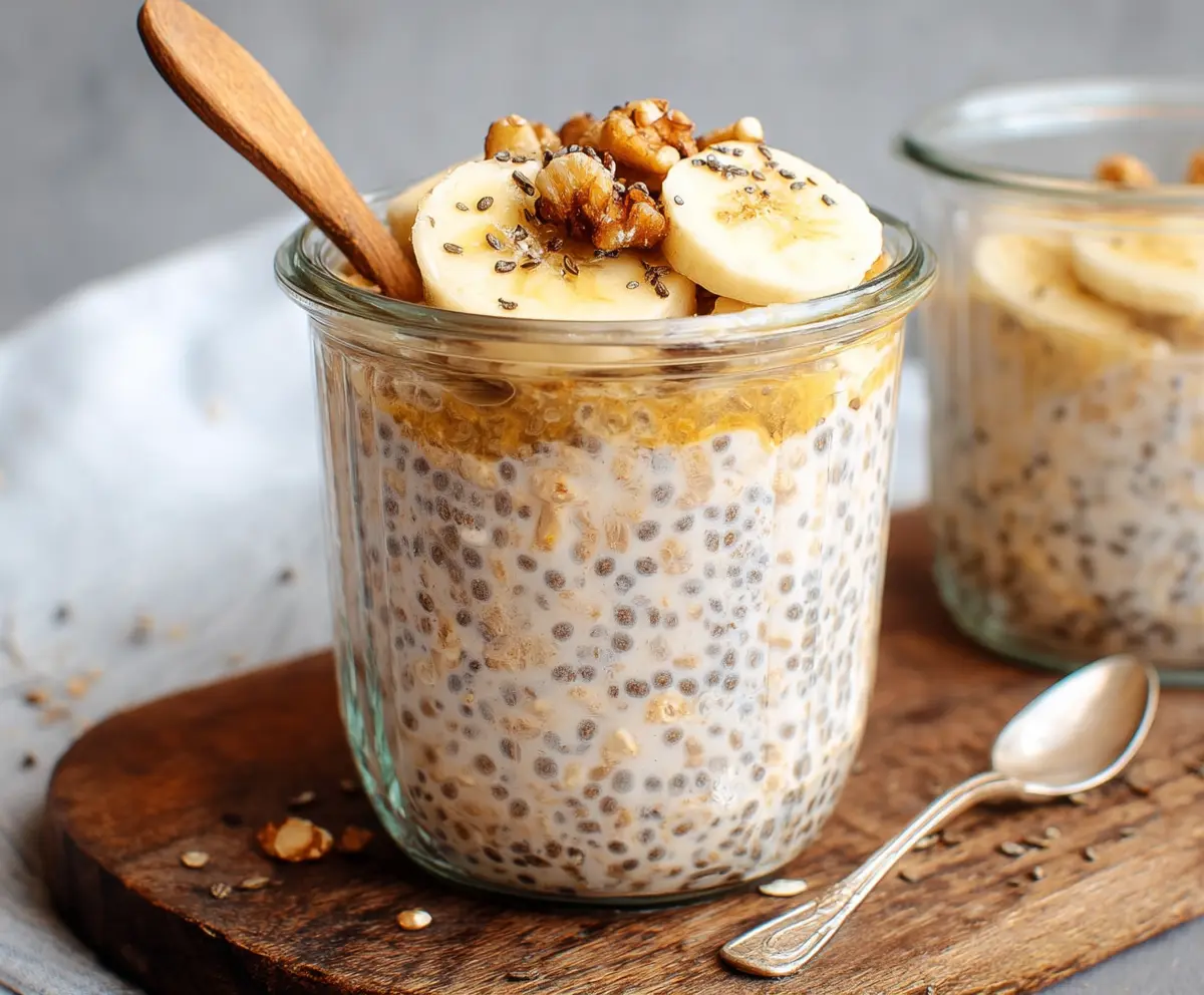 Creamy banana chia overnight oats topped with fresh banana slices and chia seeds, perfect for a healthy breakfast.