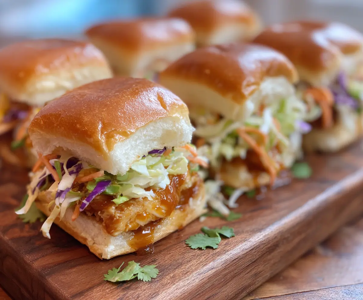 Delicious Bang Bang Chicken Sliders topped with spicy sauce and fresh herbs