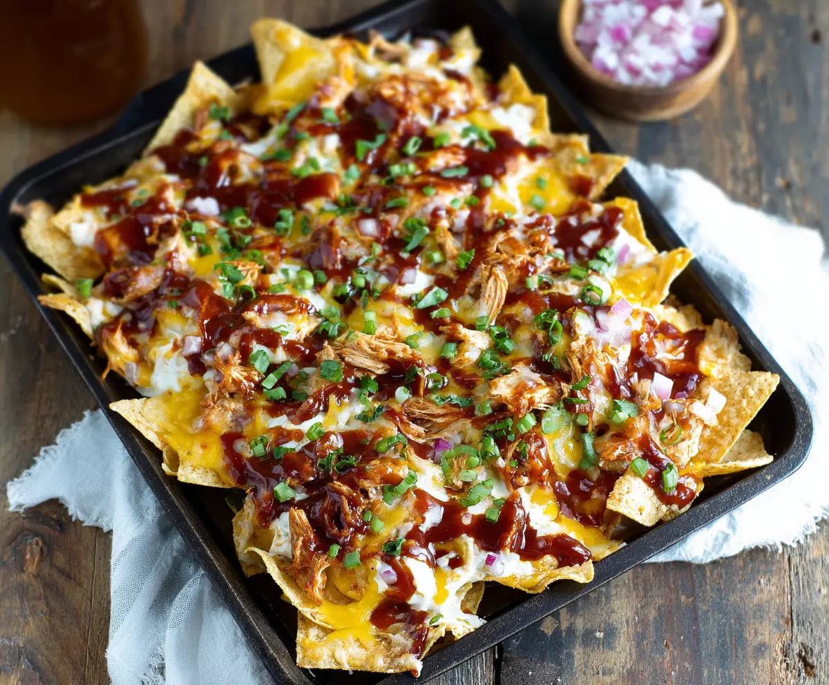 Delicious BBQ Chicken Nachos topped with melted cheese, jalapenos, and fresh cilantro.