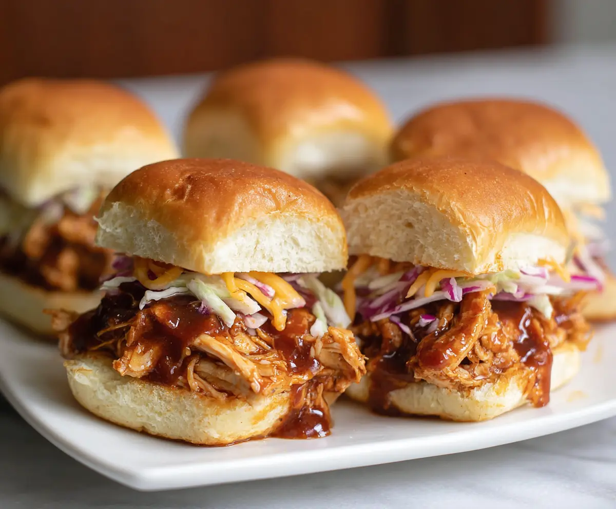Delicious BBQ chicken sliders with melted cheese and fresh coleslaw on soft buns.