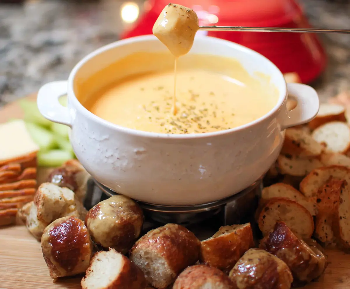 Creamy beer cheese fondue served with bread cubes, perfect for sharing at parties.