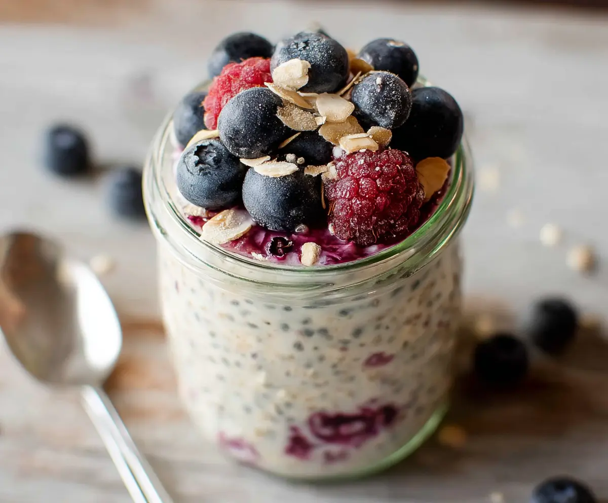 Healthy Berry Overnight Oats in a glass jar topped with fresh berries and chia seeds