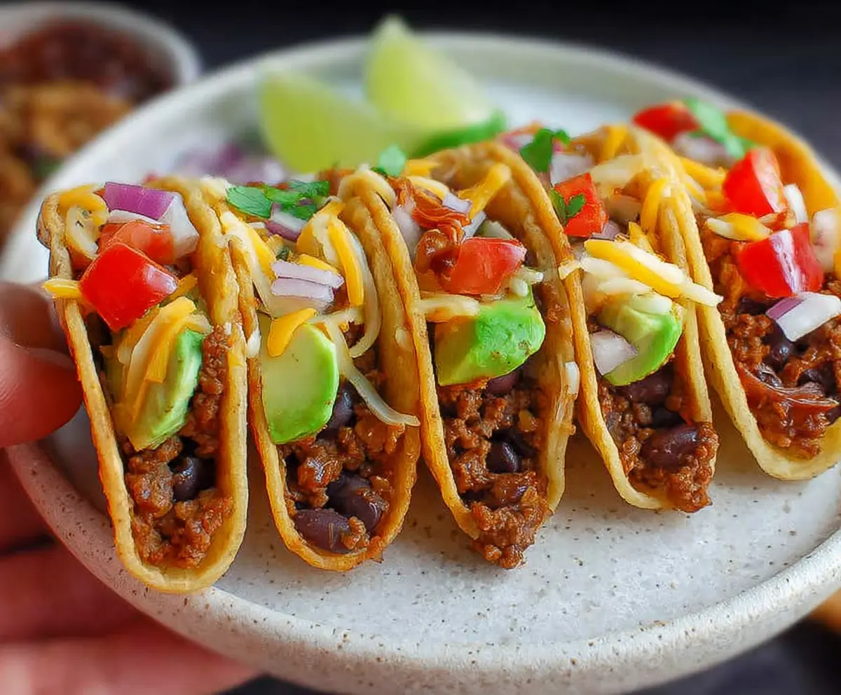 Delicious bite-sized mini tacos with fresh toppings on a white plate, perfect for snacks or parties.