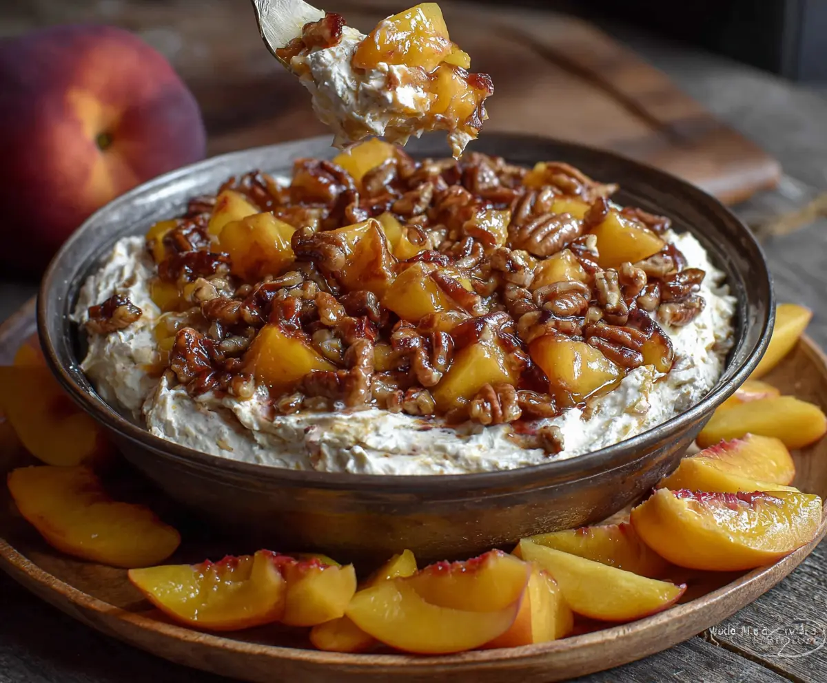 Delicious Bourbon Peach Pecan Dip served with fresh fruit and crackers for parties.
